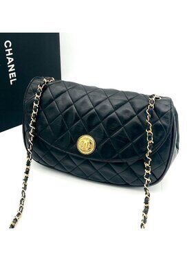 Chanel Quilted Chain Shoulder Bag Lambskin Black Gold
